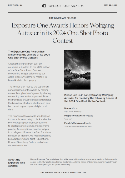 communiqué Exposure One Awards - page 1 - Wolfgang Autexier photographe à Saintes en Charente-Maritime