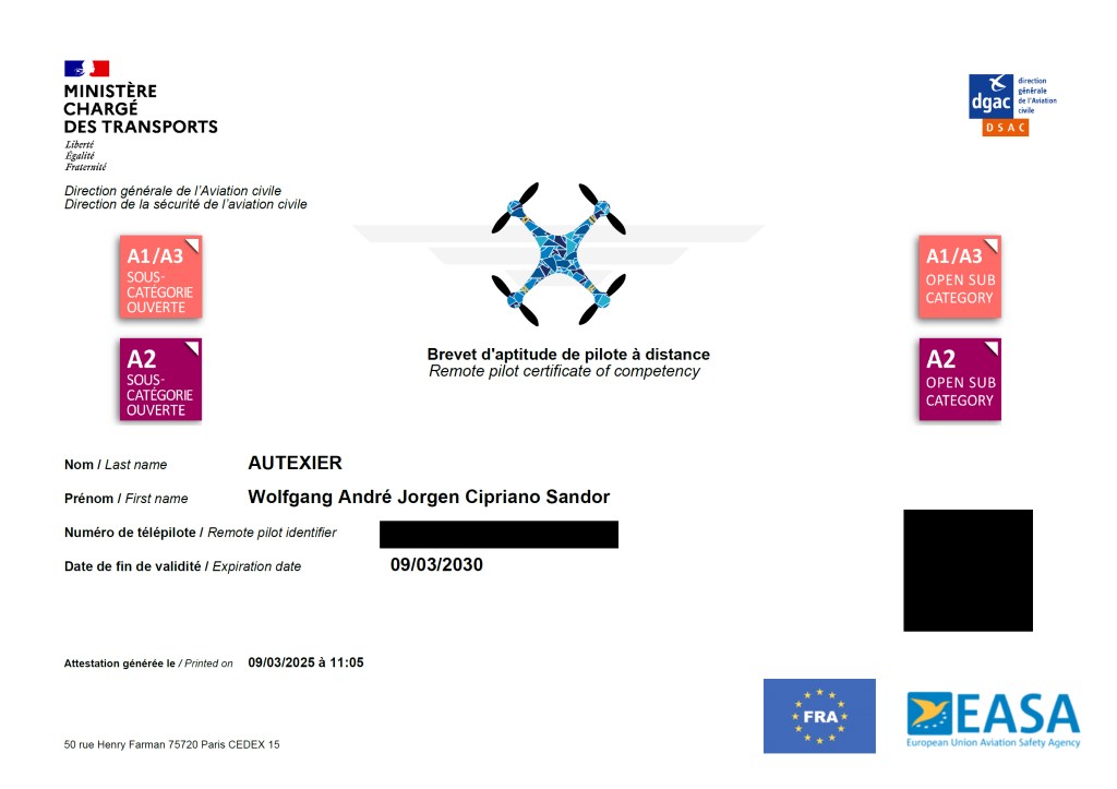 Licence EASA de pilote de drone BAPD A2 · diplôme européen délivré par la France, pour les scénarios de vols avancés · Wolfgang Atelier pilote de drone
