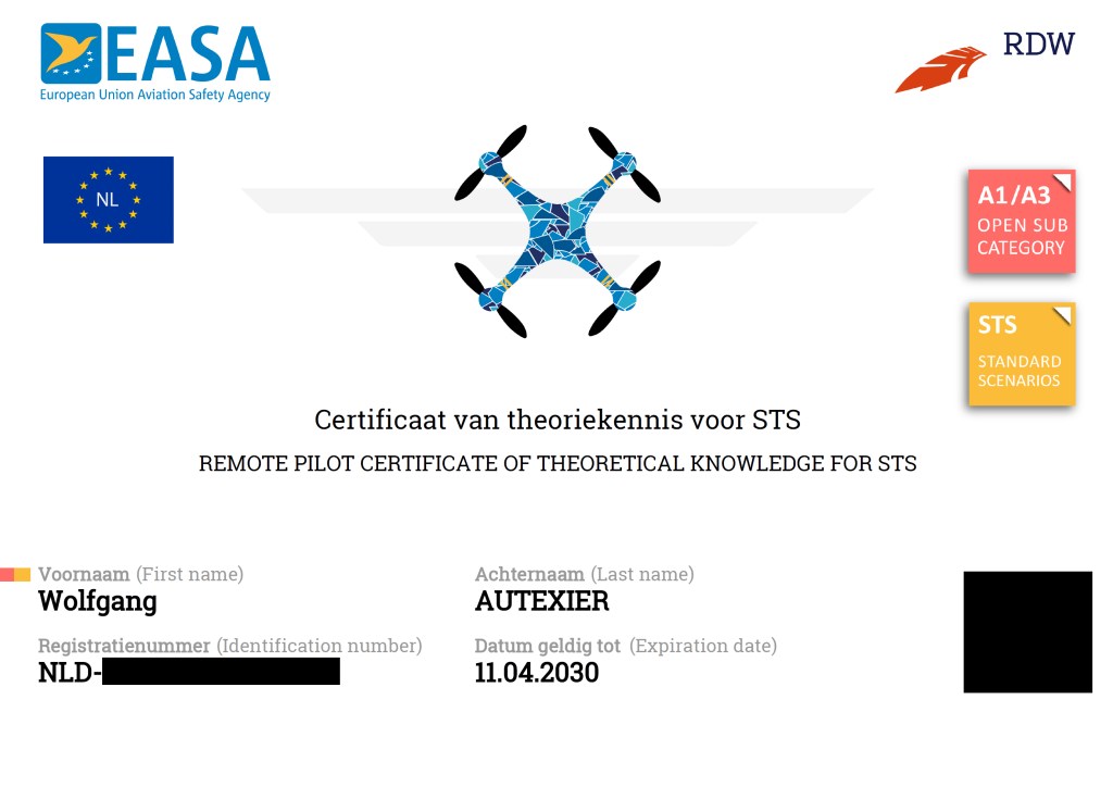 Licence EASA de pilote de drone CATS · diplôme européen délivré par les Pays-Bas, pour les scénarios de vols spécifiques · Wolfgang Atelier photographe aérien